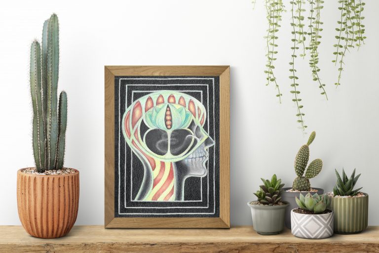 Wooden picture frame on a shelf with cactus